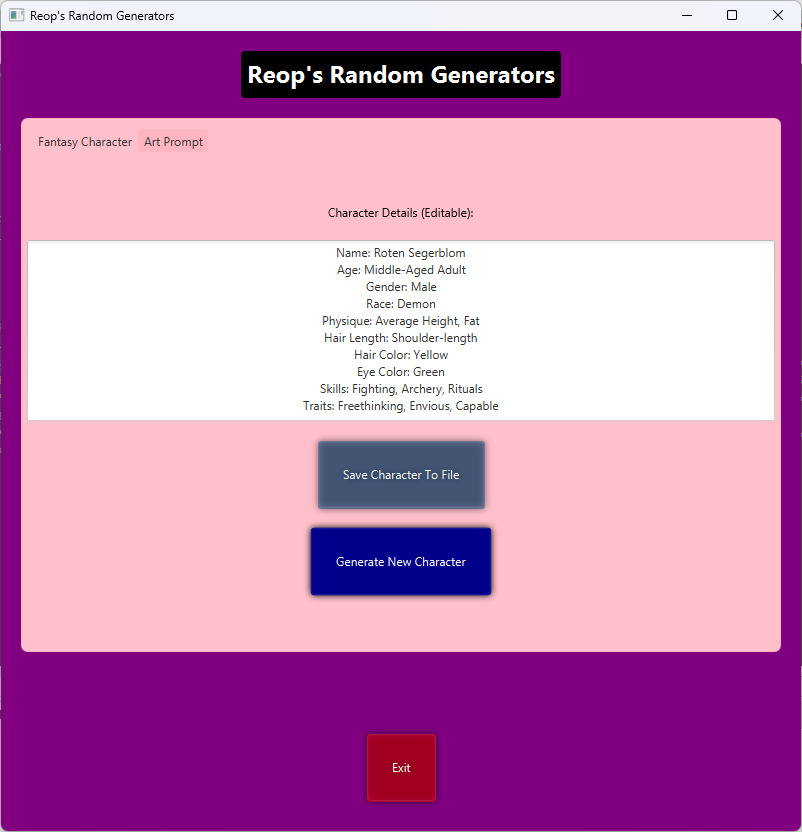 Reop Character Generator Screenshot